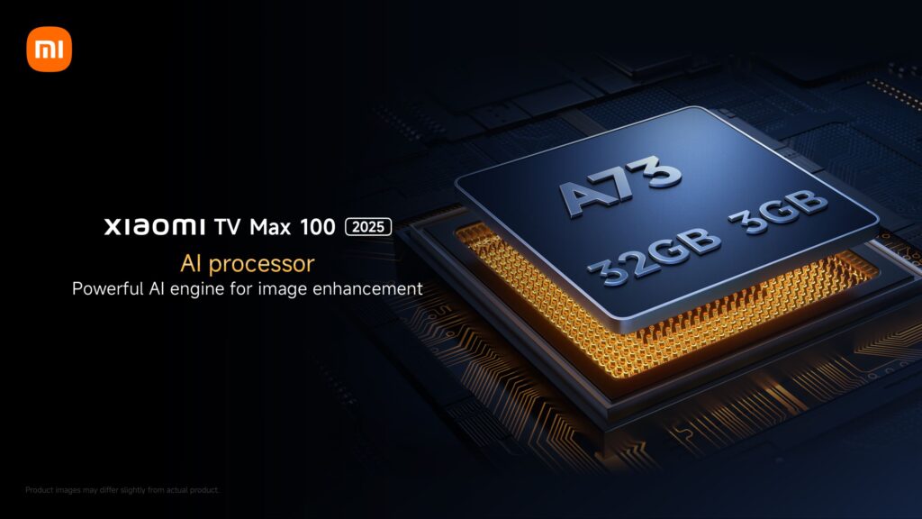 a chipset of the xiaomi tv max 100 2025 review indicating the A73 chip