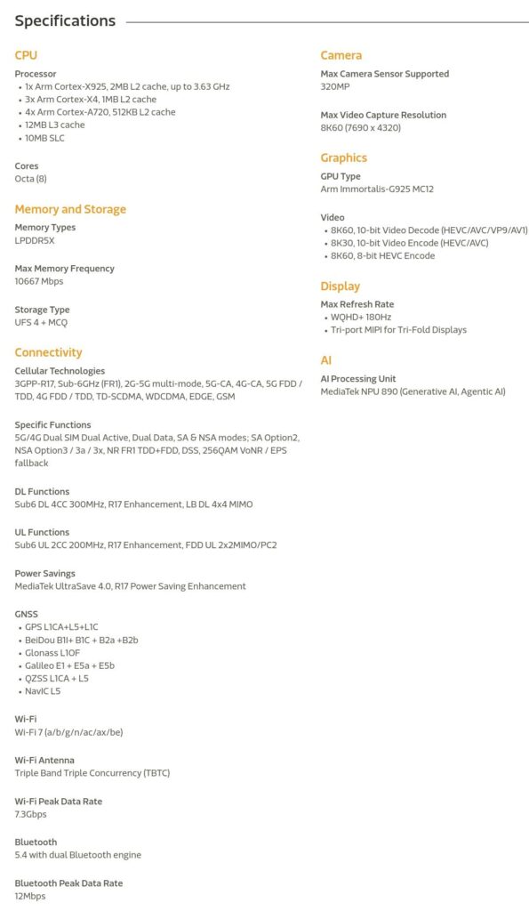 a full specifications of the mediatek dimensity 9400