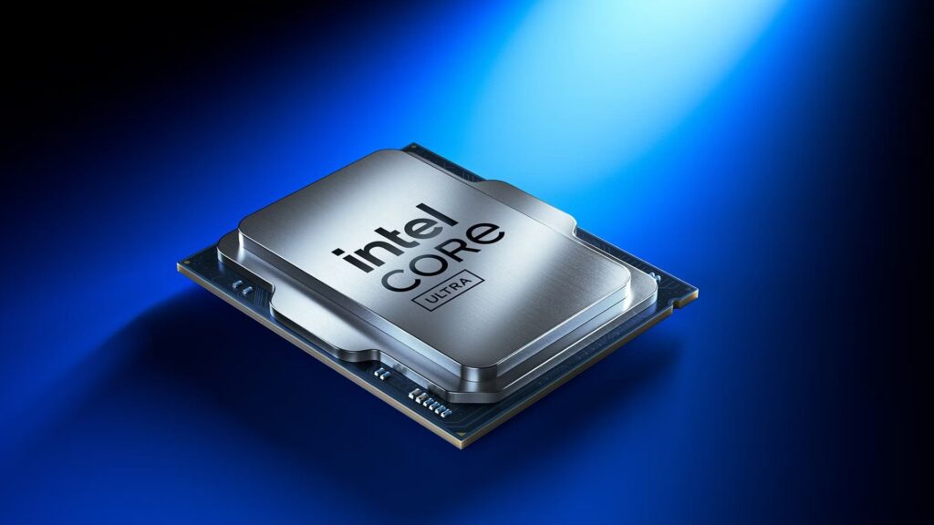 a processor Intel Core Ultra 200S series with color blue background and spot light