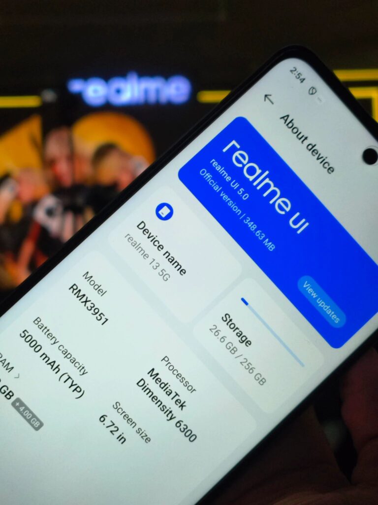 a phone realme 13 5g showing the about setting of the phone