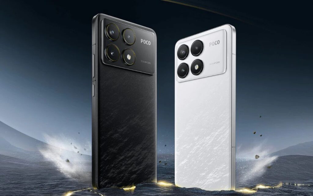 a smartphone poco f7 ultra rumors with quad canera island at the back panel with black and white color varaint.