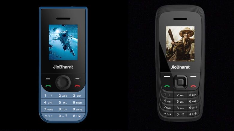 a feature phone JioBharat V3 and V4 with black and blue color scheme