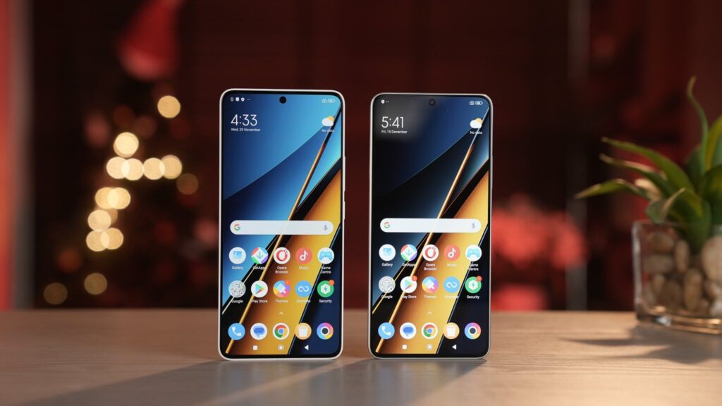 a two smartphone standing at the top of the table with neon blur lights on the background