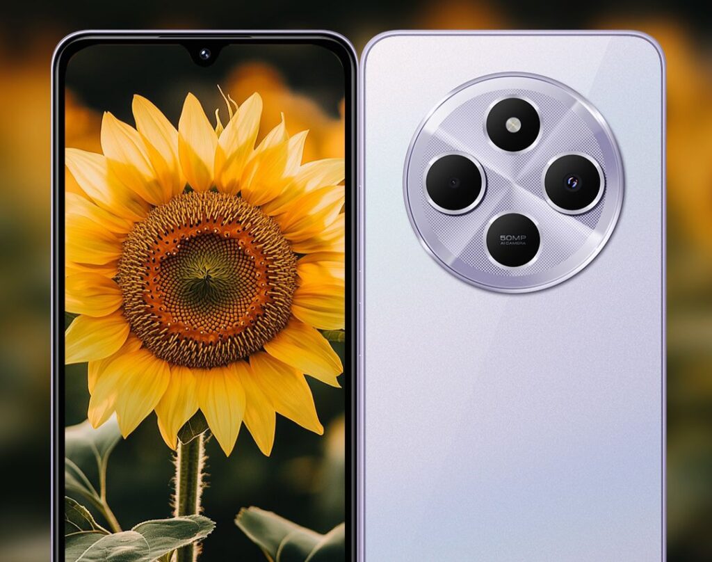 a smartphone redmi a4 5g showing the front panel with sunflower wallper and  circular camera island on the back panel.