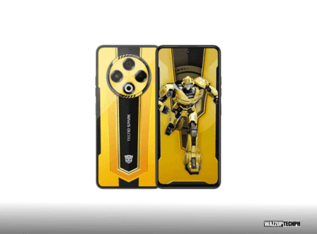 a smartphone tecno spark 30 pro 4g with circular camera and transformer yellow scheme color.