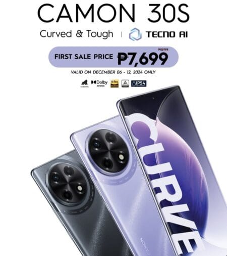 Advertisement for the Tecno Camon 30s features, highlighting its curved and tough design. The phone is shown in two colors, purple and gray, showcasing its triple-lens camera system. Key features include Corning Gorilla Glass, Dolby Atmos, Hi-Res Audio, and IP54 water resistance. A special first sale price of ₱7,699 is advertised, valid from December 6th to 12th, 2024.