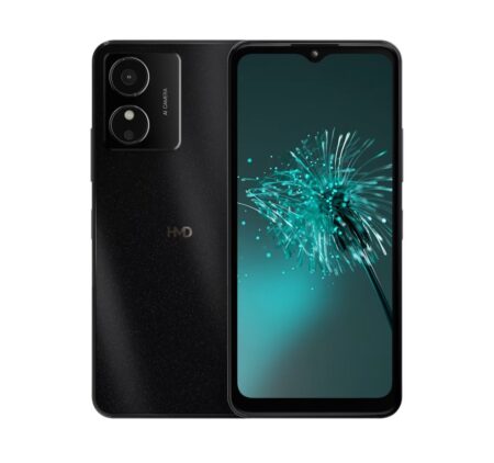 A black HMD Arc smartphone is displayed, showing both the front and back. The back features a dual-camera setup and the HMD logo. The front showcases a teal-colored screen displaying an abstract dandelion graphic.