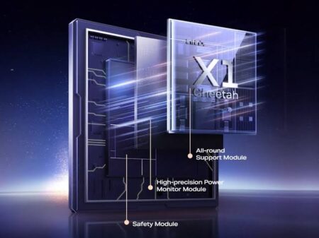 A cutaway illustration of the Infinix Cheetah X1 chip, showcasing its internal components: the All-round Support Module, High-precision Power Monitor Module, and Safety Module. The chip is depicted in a sleek, dark design with glowing lines suggesting speed and power.