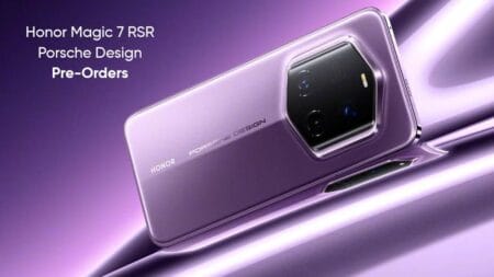A close-up image of the back of a purple Honor Magic 7 RSR Porsche Design smartphone. The phone is resting on a purple surface, and the camera module is prominently displayed. The camera module is a hexagonal shape with three lenses and a flash. The phone's branding, "Honor Porsche Design," is visible on the back.