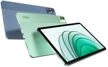 Infographic highlighting the key features of the Tecno MegaPad 11 tablet. Features include a large, high-resolution screen, a powerful processor, ample expandable storage, a long-lasting battery, and integrated AI capabilities. Images show the tablet's design, processor chip, storage capacity, battery life, and ecosystem integration.