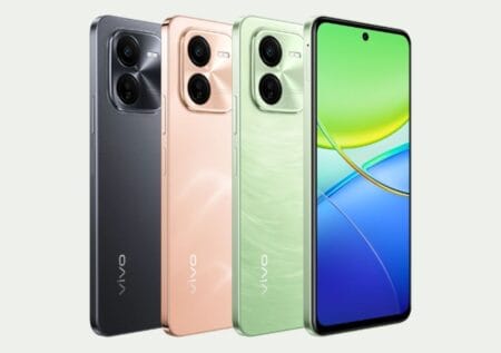 Three Vivo Y200 Plus 5G smartphones displayed from different angles. The phones are shown in black, rose gold, and light green.