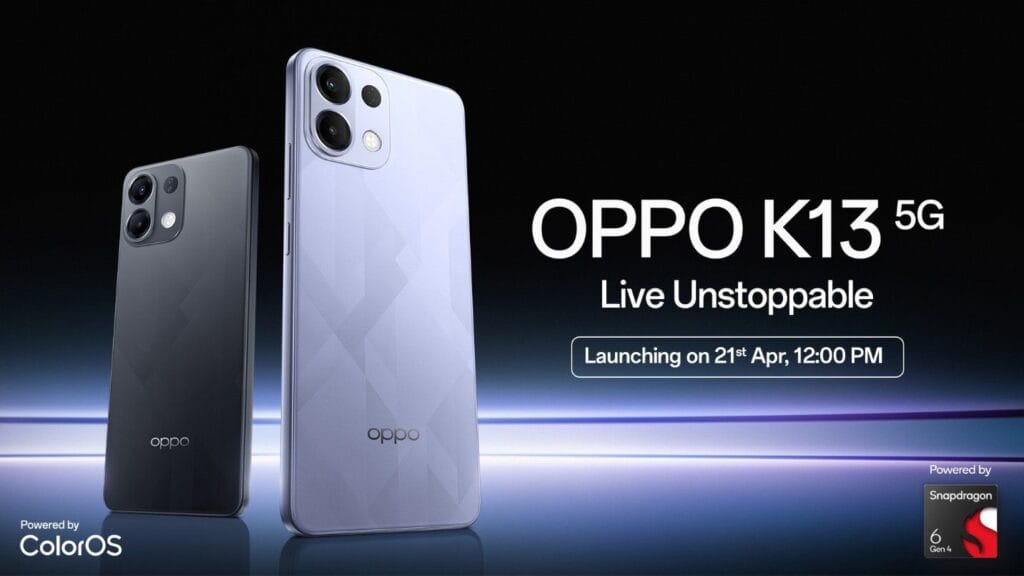Oppo K13 5G (CPH2729): Snapdragon 6 Gen 4, 7000mAh Battery, and AMOLED Display 1 Product shot of the Oppo K13 5G smartphone in two colors, black and light purple, highlighting its sleek design. The image includes the launch date (April 21st) and indicates it's powered by Snapdragon Gen 4.