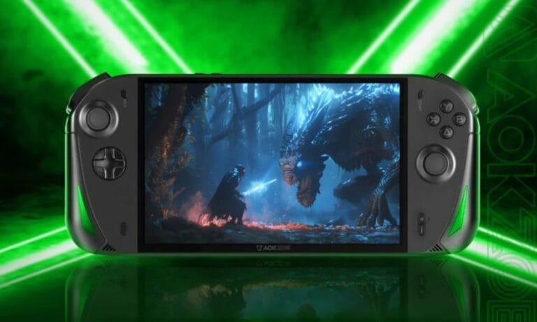 Sleek black AOKZOE A1X handheld gaming console featuring an 8-inch screen showcasing vibrant gameplay graphics of a fantasy battle scene. Green accents are visible on the device's sides.