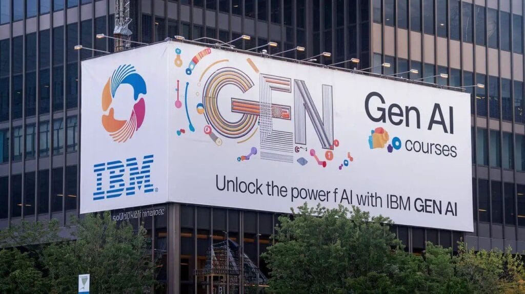 An outdoor billboard displays the IBM logo and brightly colored graphics promoting IBM Gen AI courses with the tagline "Unlock the power of AI with IBM Gen AI." The billboard is affixed to a modern glass building.
