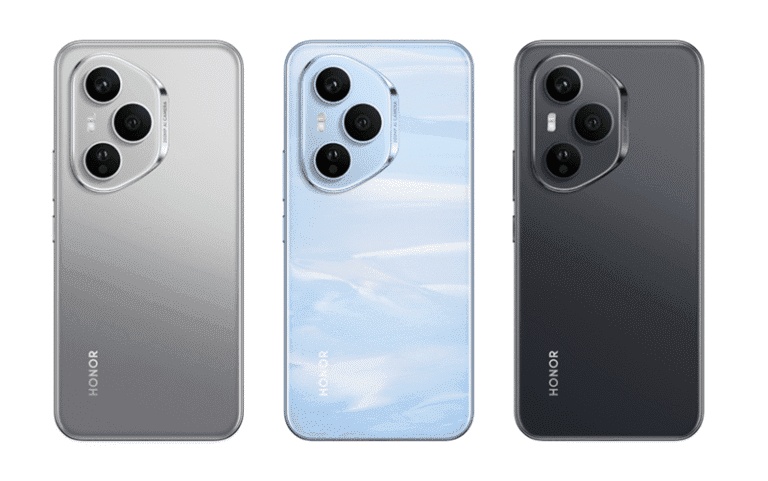 Three Honor 400 Pro smartphones displayed, showcasing their color variations: silver, light blue, and dark gray. Each phone features a prominent circular camera module on the back.