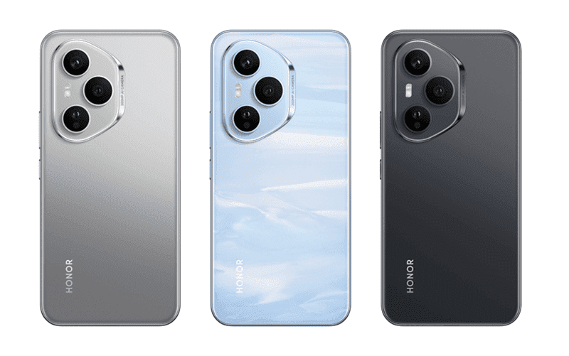 Honor 400 & 400 Pro Launched in Malaysia (Global): AMOLED Display, 6,000mAh Battery, and 200MP Camera 2 Three Honor 400 Pro smartphones displayed, showcasing their color variations: silver, light blue, and dark gray. Each phone features a prominent circular camera module on the back.