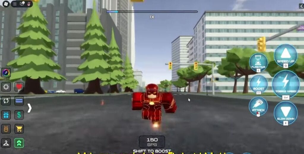 Roblox Flashpoint Worlds Collide Codes (June 2025) 1 Screenshot from Roblox's Flashpoint Worlds Collide Codes, showing the Flash character running down a city street with in-game controls visible.