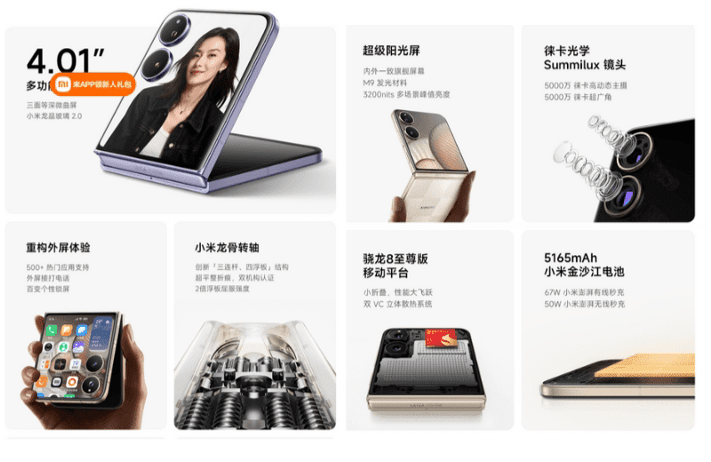 Xiaomi Mix Flip 2 | FHD+ OLED Display, Snapdragon 8 Elite, and 5,165mAh Battery 2 A collage showcasing the Xiaomi Mix Flip 2's key features, including its 4.01-inch cover display, Leica Summilux camera system, Snapdragon 8 Gen 2 processor, 5165mAh battery, and other internal components. Text is in Chinese.