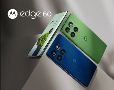 Two Motorola Edge 60 smartphones displayed. One is a vibrant green, and the other a deep blue. Both phones show off their sleek design, curved edges, and distinctive circular camera array.