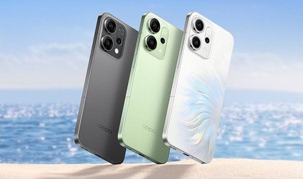 Oppo Reno 14 Global Launch in Japan | 6.59" OLED Display, Dimensity 8350, and 50MP Sony LYT600 Camera 1 Three Oppo Reno 14 5G smartphones displayed on a sandy beach near the ocean. The phones are shown in gray, light green, and a pearlescent white with a wavy design.