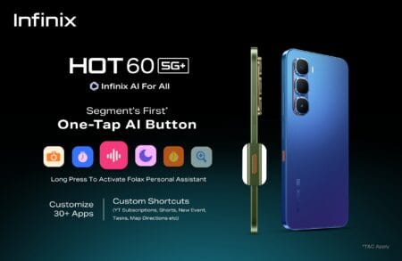 Promotional image of the Infinix Hot 60 5G, featuring a sleek design and emphasizing its unique One-Tap AI button. The image also shows customizable app shortcuts and the ability to activate a personal assistant (Folax) via a long press.