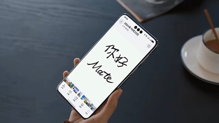 Close-up of a hand holding a Huawei Mate smartphone. The phone's screen shows a white background with the words "你好 Mate" written in a stylish, handwritten font, combining Chinese characters and English. A thumbnail image gallery is visible at the bottom of the screen. A blurred background shows a cup of coffee and a book.