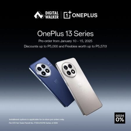 OnePlus 13 Series pre-order announcement. Two OnePlus 13 5G phones, one dark blue and one light gold, are shown angled against a dark background. Text overlays advertise pre-orders from January 10-15, 2025, with discounts up to ₱5,000 and freebies worth up to ₱5,570. A 0% interest installment plan is also mentioned.