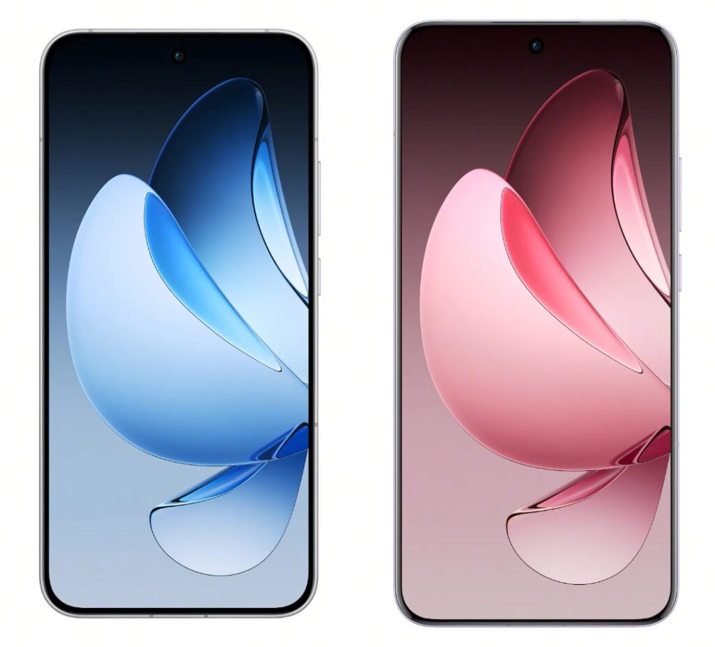 Two Oppo Reno 13F series smartphones are displayed side-by-side. The phone on the left features a light blue, abstract, swirling design on its screen. The phone on the right shows a similar design in soft pink tones. Both phones have a silver or light gray frame.