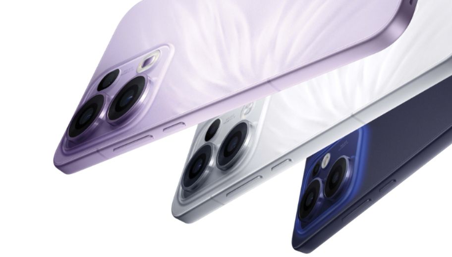 Three Oppo Reno 13F series smartphones in different colors — light purple, silver, and dark blue — are shown overlapping, highlighting their triple-lens camera systems and unique textured backs. The phones are angled to showcase their designs against a white background.