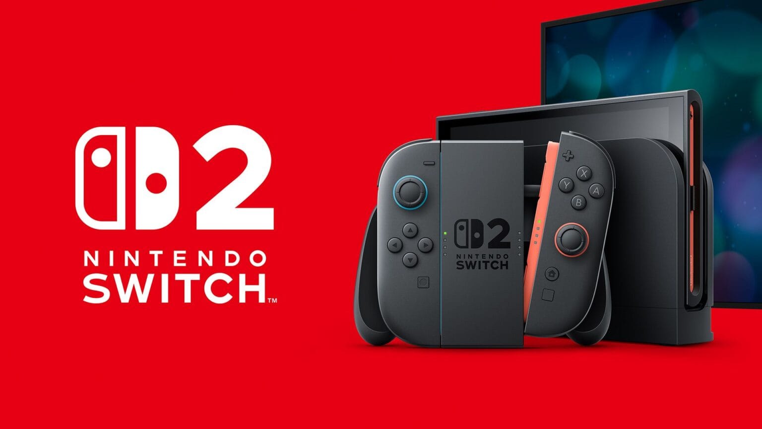 Official promotional image of the Nintendo Switch 2. The image shows the new console in black with a slightly larger screen than its predecessor. The redesigned Joy-Cons are shown detached, revealing coral-colored accents on the buttons. A new docking station is also visible, along with a larger screen in the background.