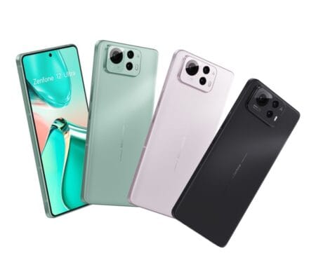Four ASUS Zenfone 12 Ultra smartphones in different colors are shown. The phones are arranged in a slightly overlapping, cascading manner, showcasing their sleek design and camera systems. The colors visible are a teal green, a light sage green, a pale pink/lavender, and a black.