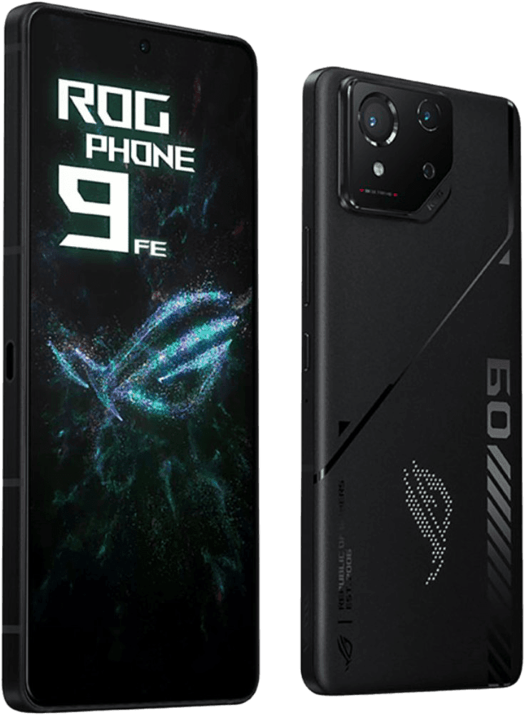 The image shows the ASUS ROG Phone 9 FE from the front and back. The front displays the ROG Phone 9 FE logo, and the back shows the phone's design details, including the camera module and the ROG logo.
