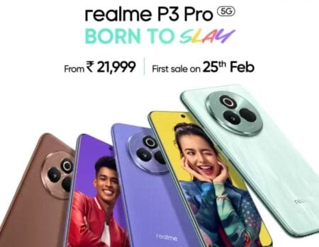 A promotional image for the Realme P3 Pro 5G smartphone. The image features four phones in different colors (light green, purple, and two shades of brown) arranged slightly overlapping. The phones showcase a distinctive circular camera module. The text "realme P3 Pro (5G) BORN TO SLAY" is prominently displayed at the top, along with pricing (From ₹21,999) and the first sale date (25th Feb). Images of a young man and woman are partially visible on the screens of two of the phones.
