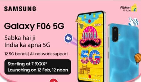 A promotional image for the Samsung Galaxy F06 5G phone. The image shows the phone in blue, with a vibrant, India-themed wallpaper displayed on the screen. Text highlights the phone's 5G capabilities, all-network support, and launch date (February 12th). The Flipkart Unique logo is also visible.