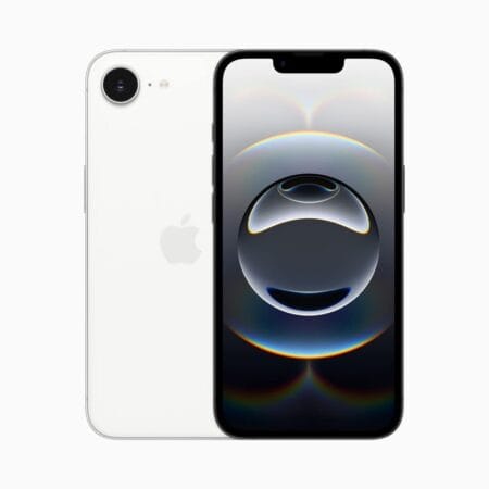 The image shows a white Apple iPhone 16e. The phone is shown from the front and back, displaying a sleek design with a single camera lens on the back and a dark, abstract wallpaper on the screen.