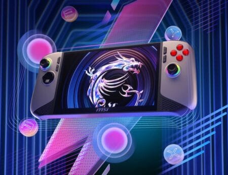 A close-up product shot of the MSI Claw 8 AI Plus handheld gaming device. The device is shown against a vibrant, neon-colored background with stylized graphic elements suggesting speed and energy. The screen displays the MSI dragon logo. The image emphasizes the device's design and features, including its buttons and controls.