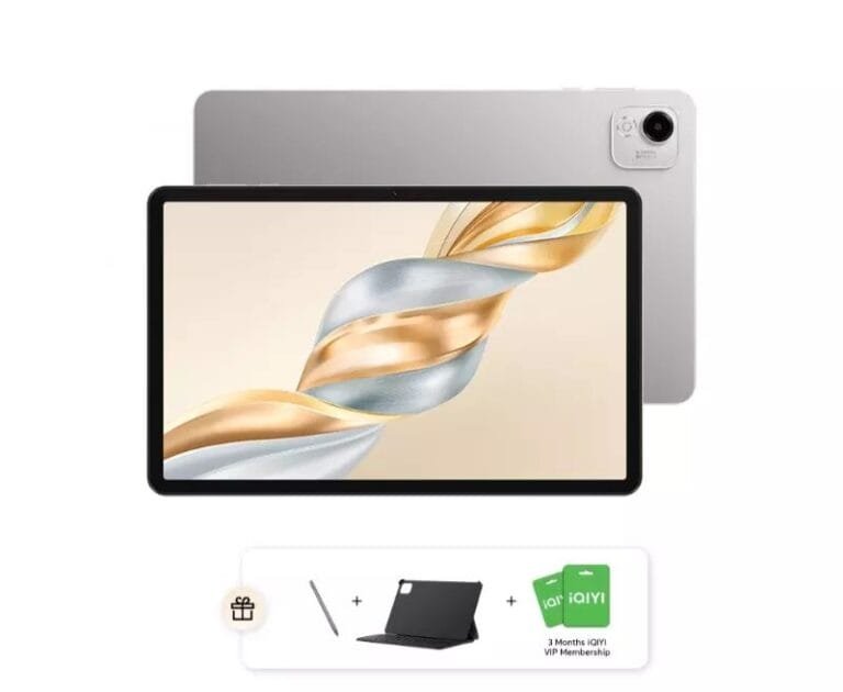 A silver Honor Pad X9a tablet is displayed, angled slightly to show its slim profile. Beside it is its box. Below, bundled accessories are shown: a black keyboard case, a stylus, and two cards indicating a 3-month iQIYI VIP membership.