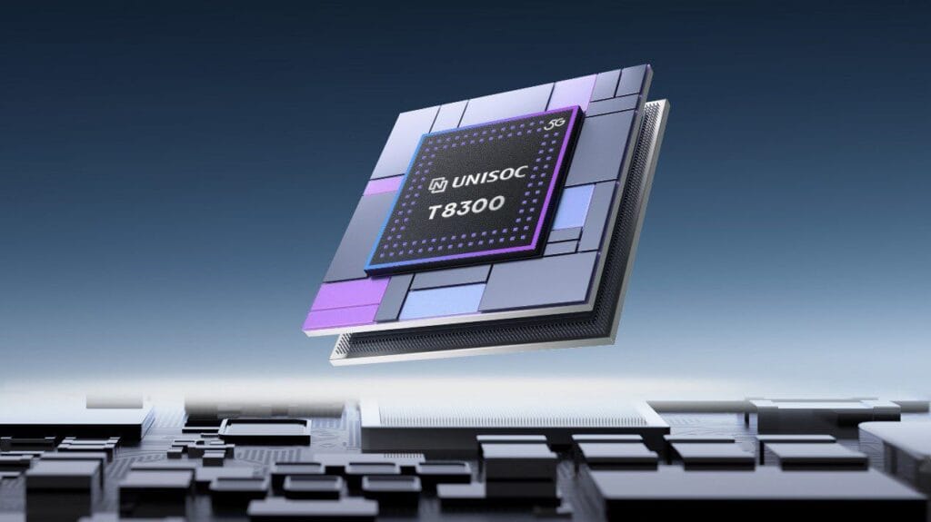 A close-up, digitally rendered image showcases the Unisoc T8300 5G system-on-a-chip (SoC). The SoC is depicted as a layered, rectangular chip with a dark gray surface and accents of purple and light blue. The Unisoc logo and "T8300" are clearly visible on the chip's surface. The chip hovers above a detailed circuit board, suggesting its integration into a larger electronic system. The background is a gradient of dark blue, providing a clean and professional aesthetic.