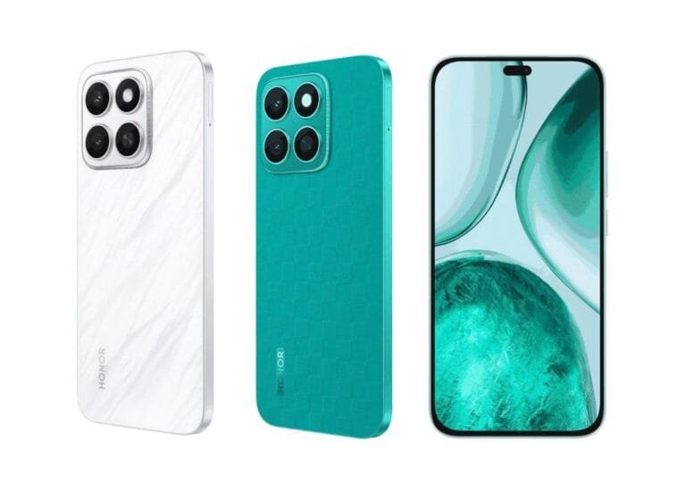 Three views of the Honor X8c smartphone; a white model from the side, a teal model from the side, and a teal model showing the screen. The phone features a rectangular camera array on the back.