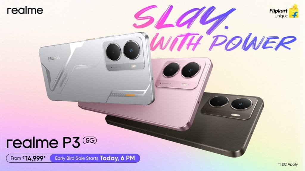 Realme P3 5G Launched in India: AMOLED display, SD 6 Gen 4, and massive 6,000mAh battery 1 A promotional image for the Realme P3 5G smartphone. Three phones in different colors (silver, pink, and gray) are displayed, emphasizing their sleek design and dual-camera setup. Text overlays announce an early bird sale starting today at 6 PM, with a starting price of ₹14,999. The Flipkart Unique logo is also visible.