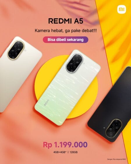 A product image for the Redmi A5 smartphone, featuring three phones in white, green, and black, laid out on a pink and yellow background. The phone's name and price are displayed along with the tagline "Kamera hebat, ga pake debat!!!". The Xiaomi logo is in the top right corner. The image highlights the phone's design and features.