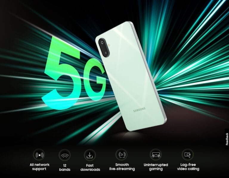 A mint green Samsung Galaxy M06 5G phone is shown angled against a background of teal streaks suggesting speed. The large '5G' logo is prominently displayed. Below the phone are icons representing features including all network support, 12 bands, fast downloads, smooth live-streaming, uninterrupted gaming, and lag-free video calling.