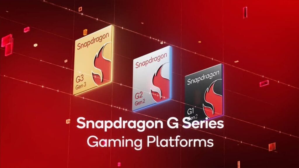 ‎A promotional image for Qualcomm's Snapdragon G Series gaming platforms. Three distinct processors are shown: the Snapdragon G3 Gen 3 (gold), G2 Gen 2 (silver), and G1 Gen 2 (black). Each processor is depicted as a stylized chip with a flame logo.