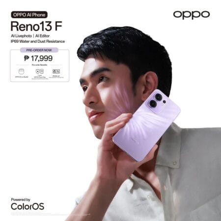 A promotional image for the Oppo Reno 13F 4G smartphone. A person holds the lavender-colored phone to their ear. Text highlights the phone's AI features, water and dust resistance (IP69), and pre-order price of ₱17,999, which includes additional pre-order benefits.
