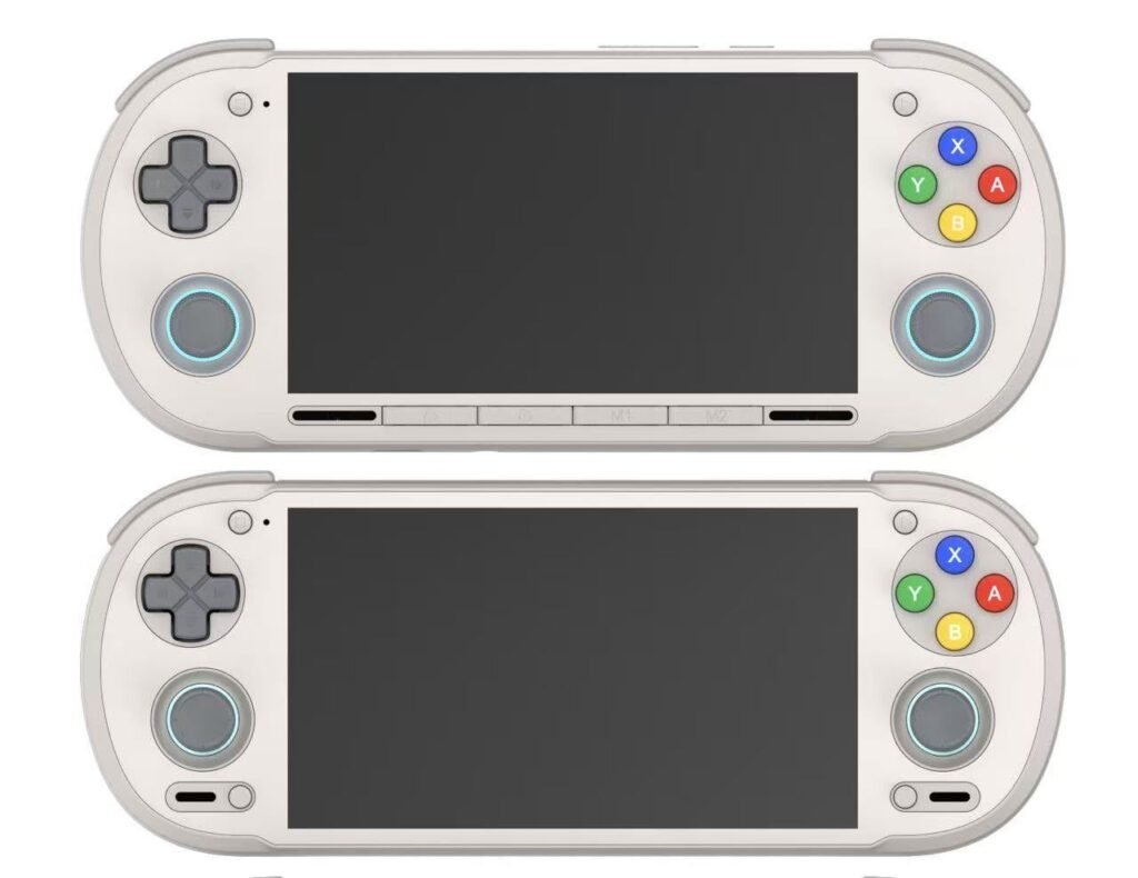 Retroid Pocket 6 (RP6) | Android Handheld with Snapdragon 8 Gen 2 1 Two Retroid Pocket 6 handheld gaming devices, top and bottom view, in white.