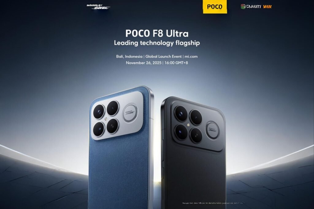 Image of the POCO F8 Ultra, showcasing its denim blue and black variants, highlighting the camera module and design. Text includes "Leading technology flagship" and launch details for Bali, Indonesia on November 26, 2025.