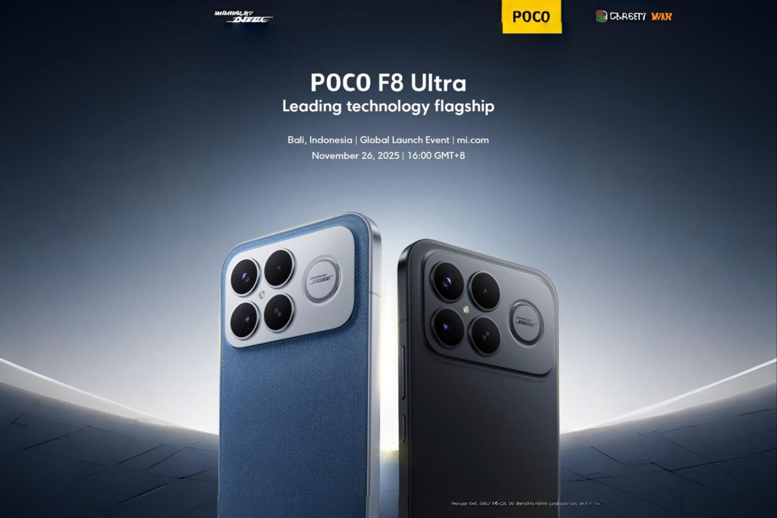 Poco F8 Ultra Global Launch, Specs, and Rendered Images Image of the POCO F8 Ultra, showcasing its denim blue and black variants, highlighting the camera module and design. Text includes "Leading technology flagship" and launch details for Bali, Indonesia on November 26, 2025.