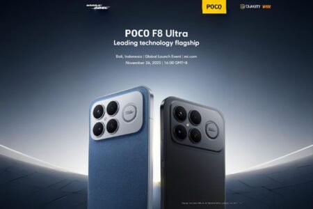 Poco F8 Ultra Global Launch, Specs, and Rendered Images Image of the POCO F8 Ultra, showcasing its denim blue and black variants, highlighting the camera module and design. Text includes "Leading technology flagship" and launch details for Bali, Indonesia on November 26, 2025.