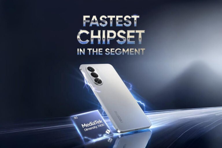 Silver Realme P4x smartphone next to a MediaTek Dimensity 7400 chip, set against a dynamic background with the text "Fastest Chipset in the Segment.