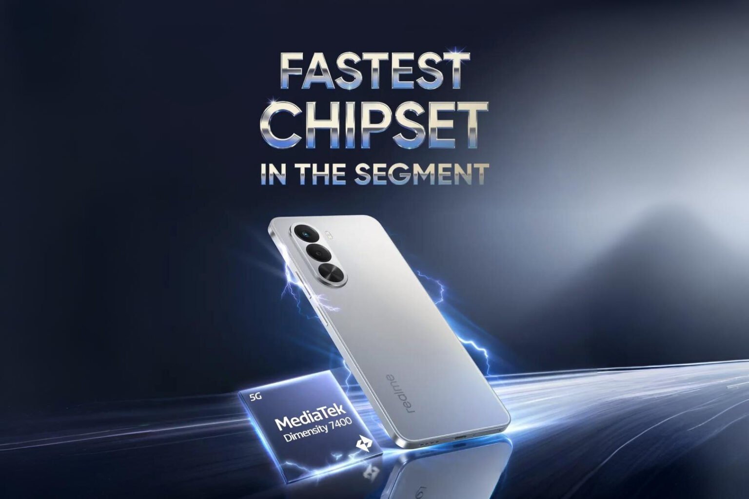 Realme P4x Price Leaked for India Launch on December 4 Silver Realme P4x smartphone next to a MediaTek Dimensity 7400 chip, set against a dynamic background with the text "Fastest Chipset in the Segment.